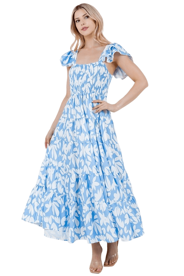 Blue and white floral smocked midi