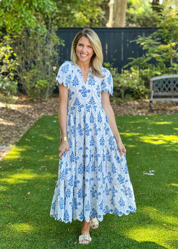 Grace scalloped long dress in blue & white garden