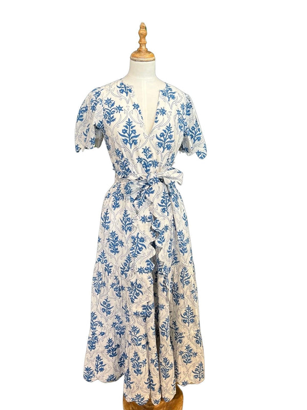 Grace scalloped long dress in blue & white garden