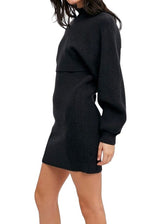 Black knit sweater dress with cropped top overlay