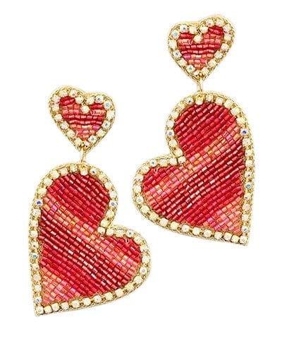 Red beaded stripe heart earrings