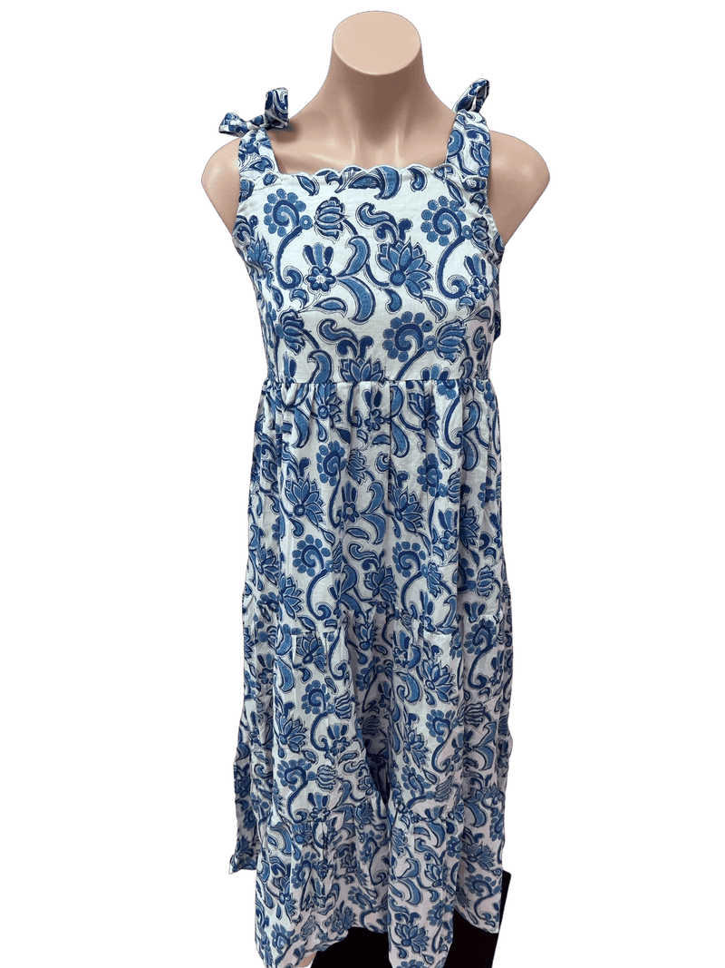 Trunk show royal white and blue tie shoulder midi dress with scallop trim