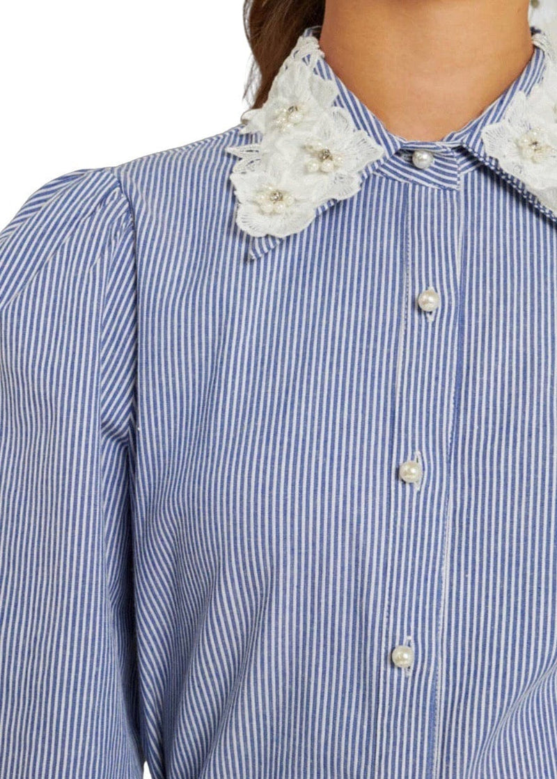 Blue stripe button down shirt with floral collar
