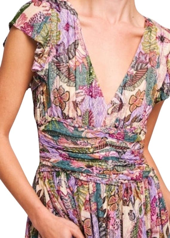 Purple and green abstract floral maxi dress