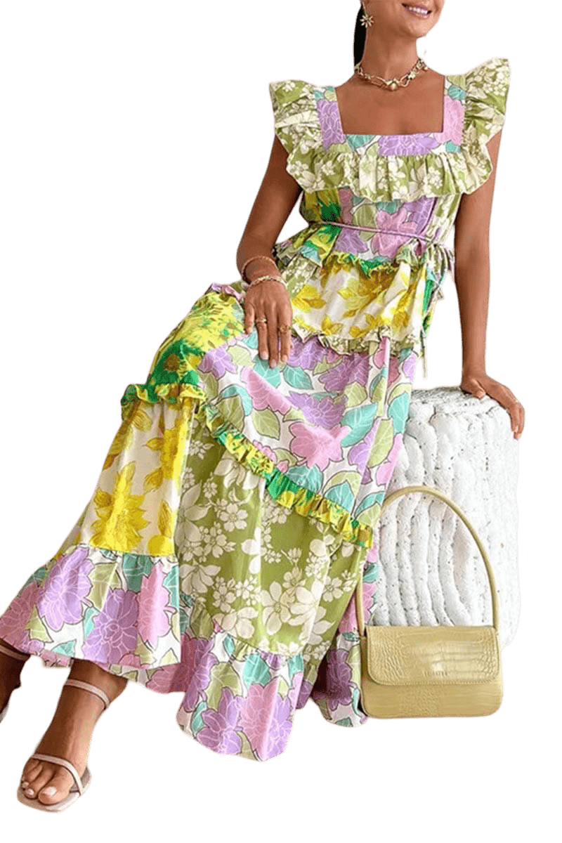 Yellow green and purple colorblocked floral maxi