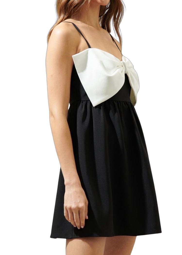Black and white rhinestone bow mini dress