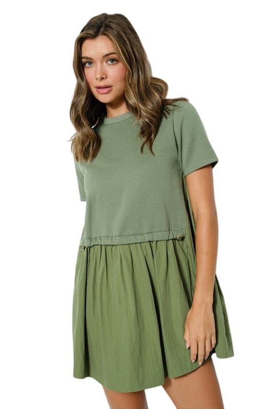 Olive drawstring sweatshirt twofer dress