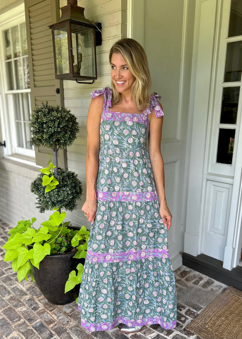 Kate green and purple floral tiered maxi dress