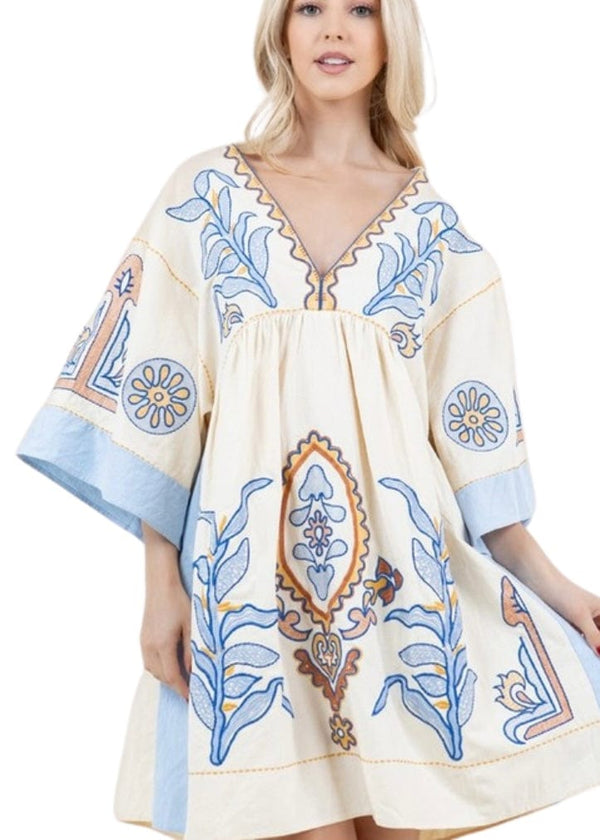 Cream embroidered tunic with light blue detail