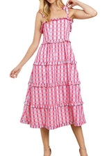 Pink and cloud blue gingham ruffle tiered midi