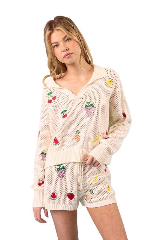 Cream fruit embroidered sweater shorts set