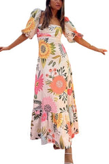 White pink and peach large floral print puff sleeve maxi