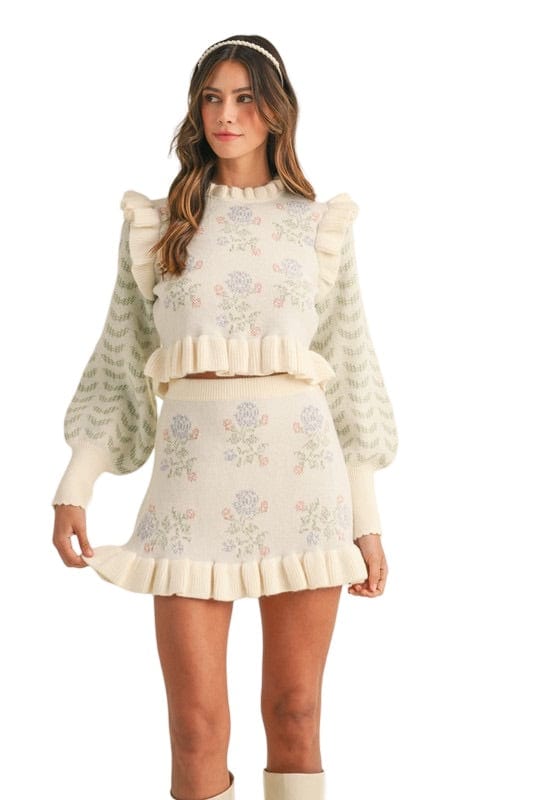 Cream floral sweater and skirt set