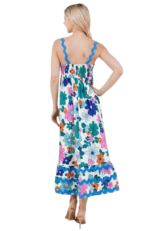 Floral print white & blue ric rac dress