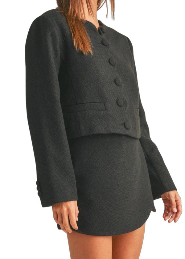 Black scalloped tweed jacket and skort set