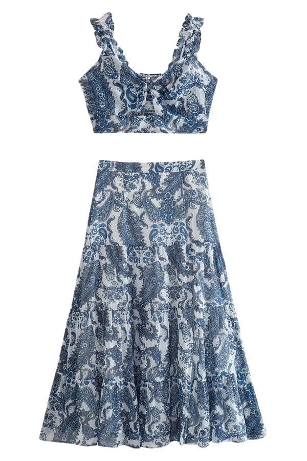 Blue and white paisley skirt set