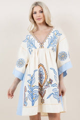 Cream embroidered tunic with light blue detail