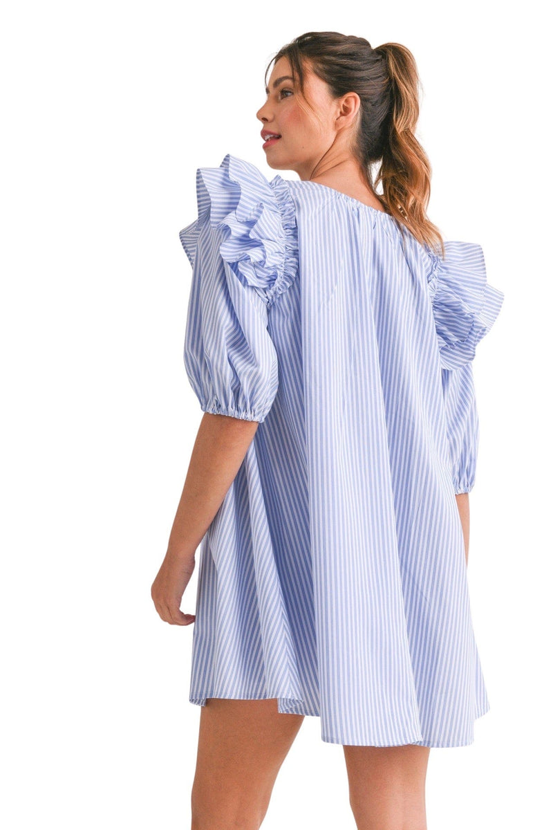 Blue striped ruffle sleeve mini dress