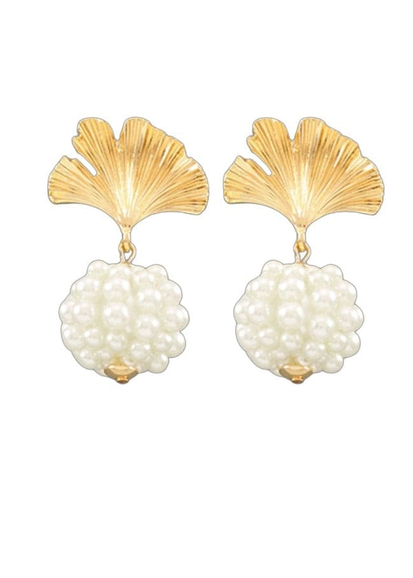 Pearl ball drop gold leaf earring