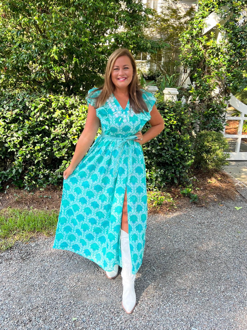 Trunk show teal belted jewel bodice midi