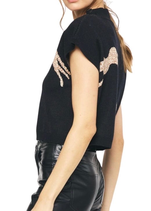 Black cropped short sleeve leopard sweater