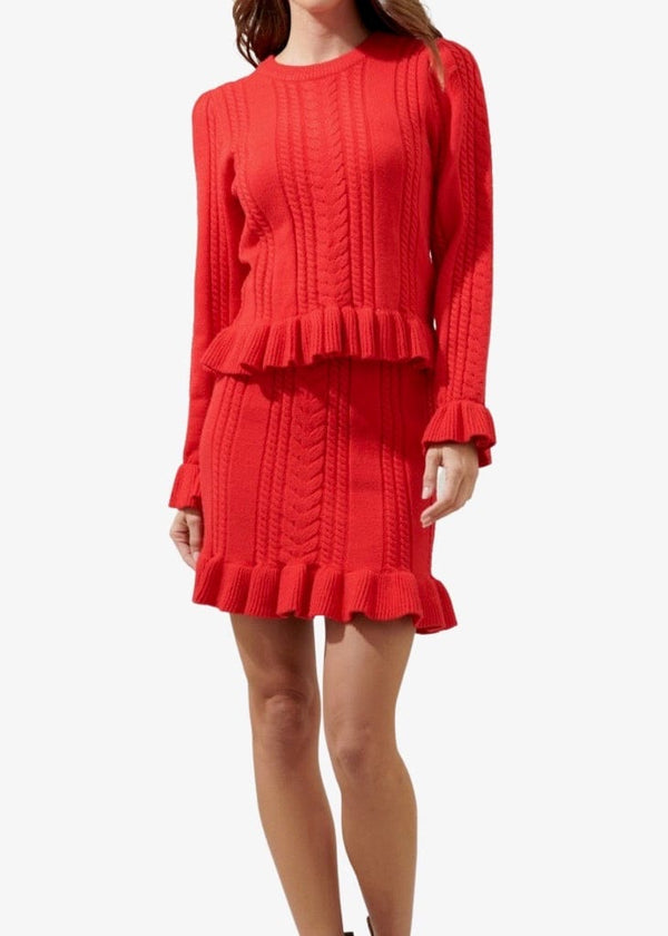 Red cable knit ruffle sweater and skirt set