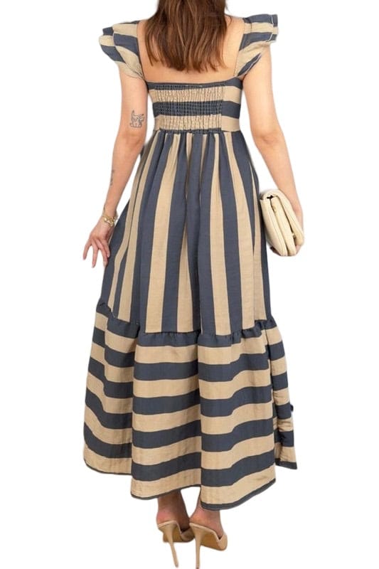 Beige and navy stripe ruffle dress