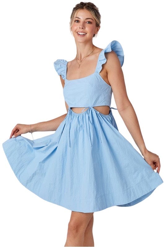 Light blue ribbon cut ruffle sleeve dress