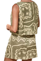 Sage green graphic button front skirt and top