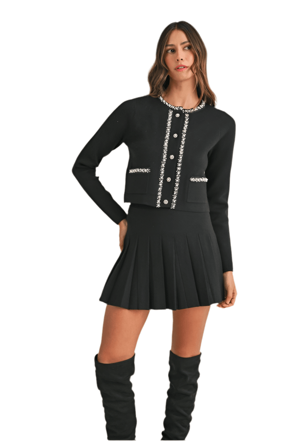 Black pearl beaded cardigan and pleated skirt mini set