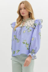 Periwinkle blue floral top with block print