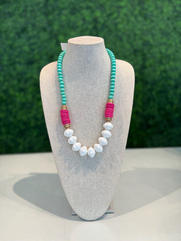 White ceramic glass beads and pink coconut turquoise necklace