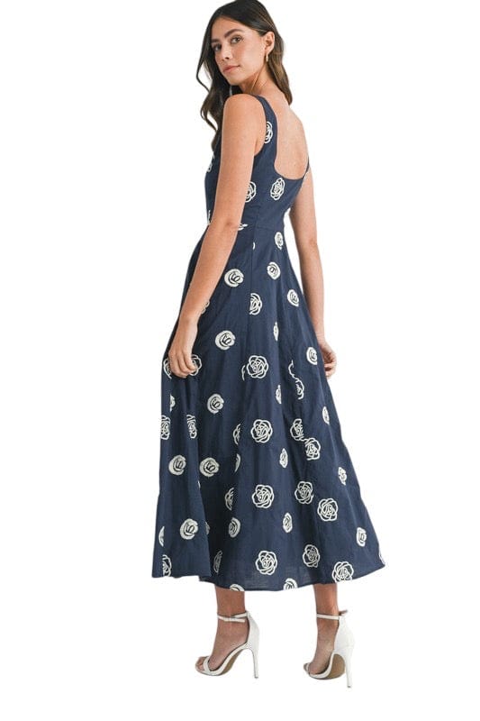 Navy square neck midi dress with white embroidered flowers