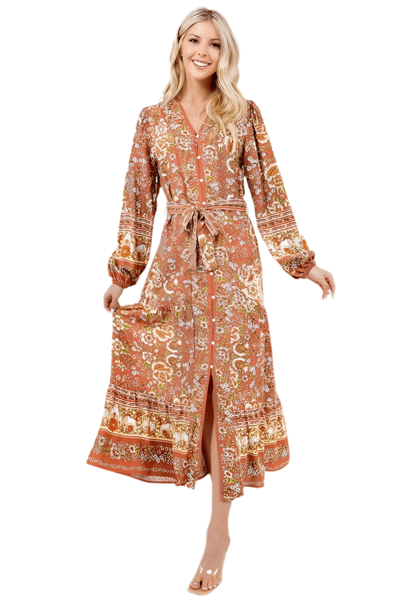 Brown and orange floral print long sleeve dress