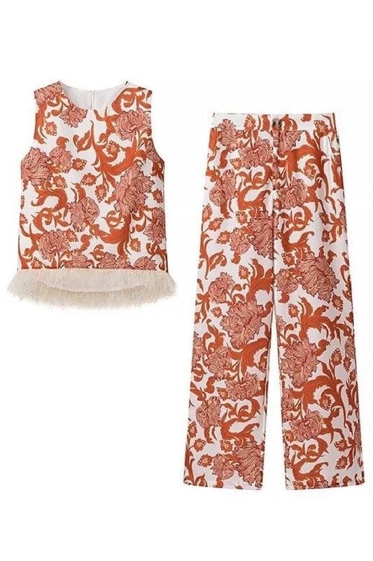 Orange and white feather trim pant set