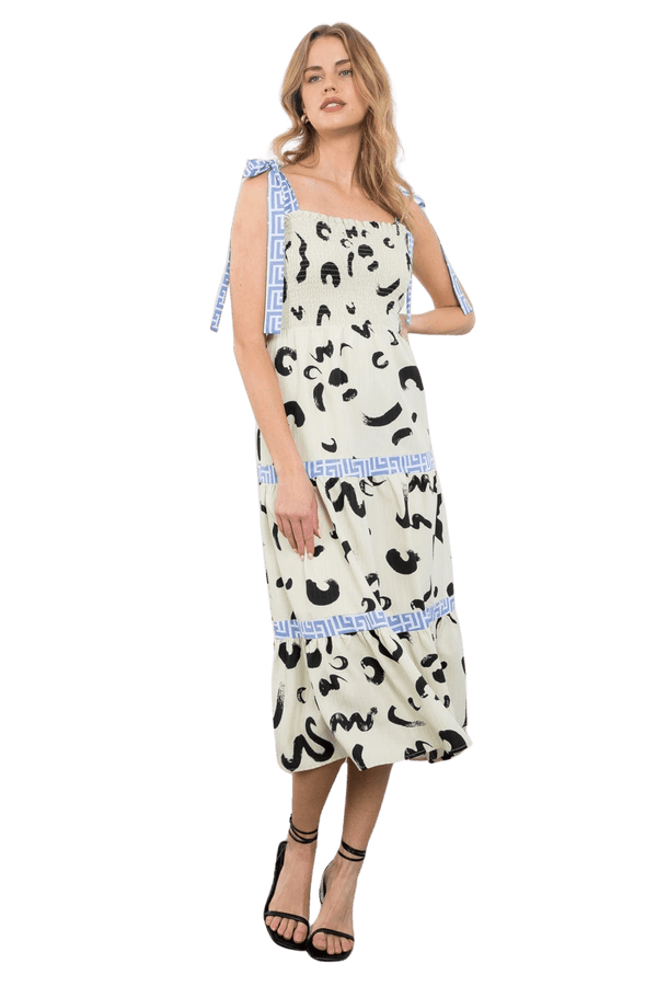Black and white abstract midi with Greek key trim