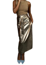 Gold vegan leather midi wrap skirt