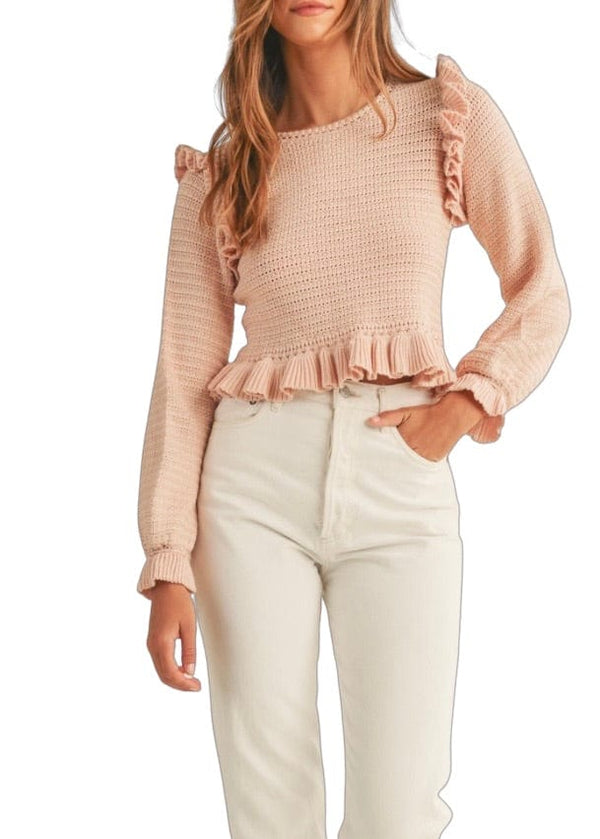 Blush pink ruffle trim knit sweater