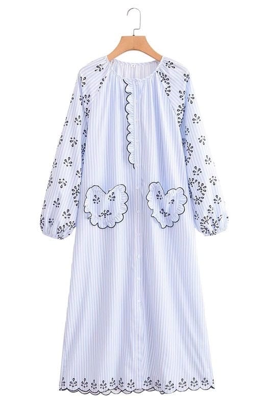 Light blue and white striped shirt dress with scalloped heart pockets