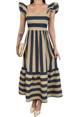 Beige and navy stripe ruffle dress