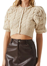 Tan and pearl neck cable knit sweater