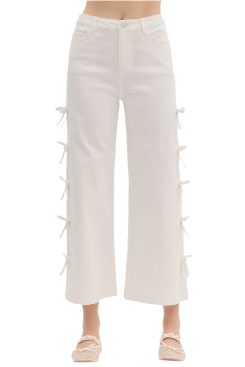 White cropped side bow denim