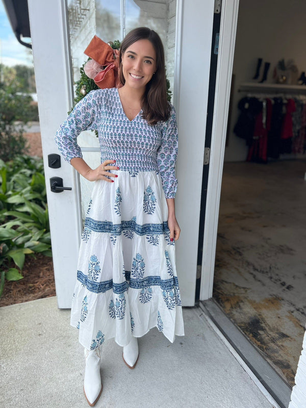 Trunk show blue and white tiered smocked bodice midi