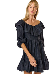 Black denim off shoulder ruffle dress