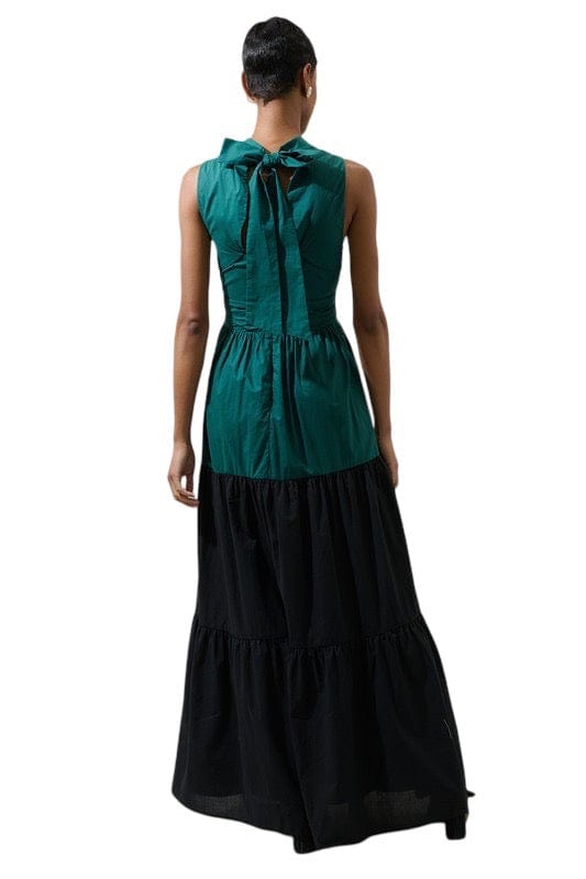 Hunter green and black color block tiered maxi