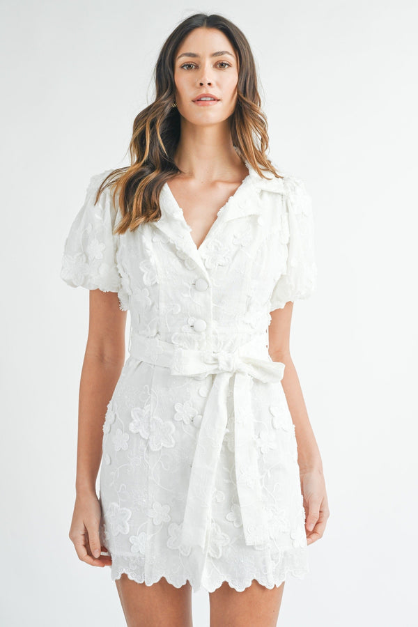 Off white textured floral print mini dress