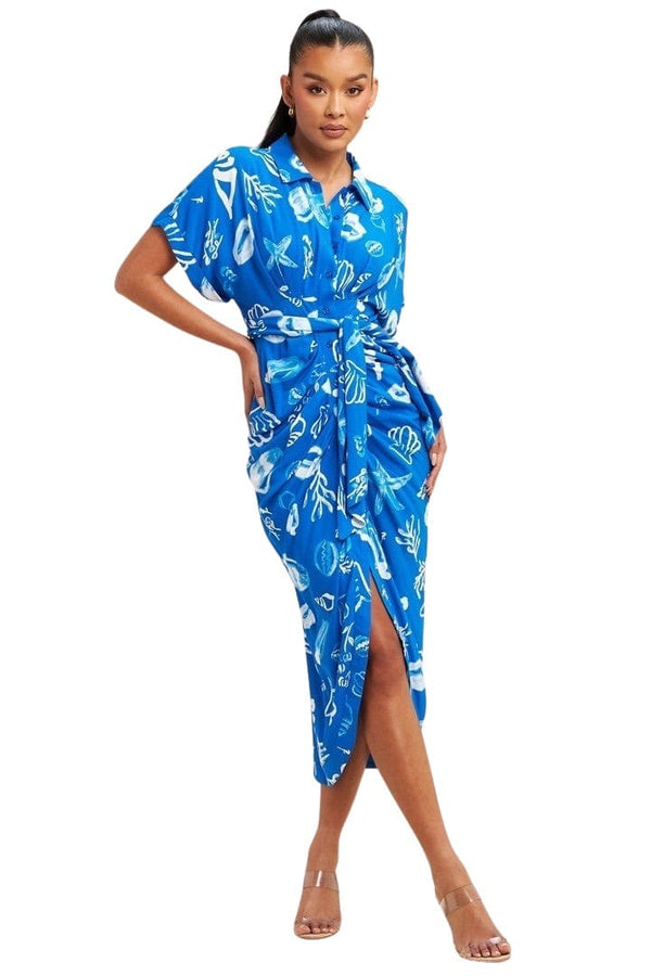 Royal blue ocean print midi shirt dress