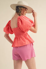 Coral sweetheart pleated baby doll top