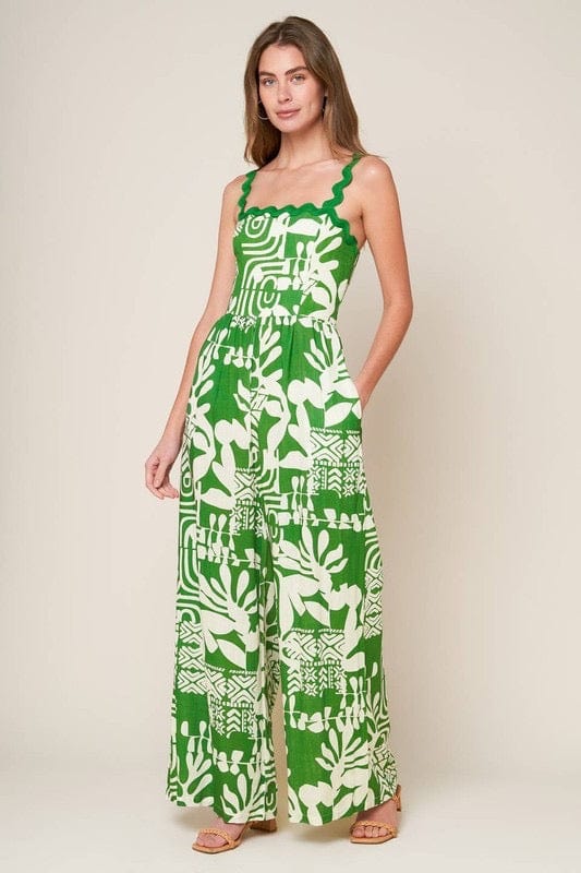 Green and ivory printed jumpsuit with ric rac trim