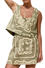 Sage green graphic button front skirt and top